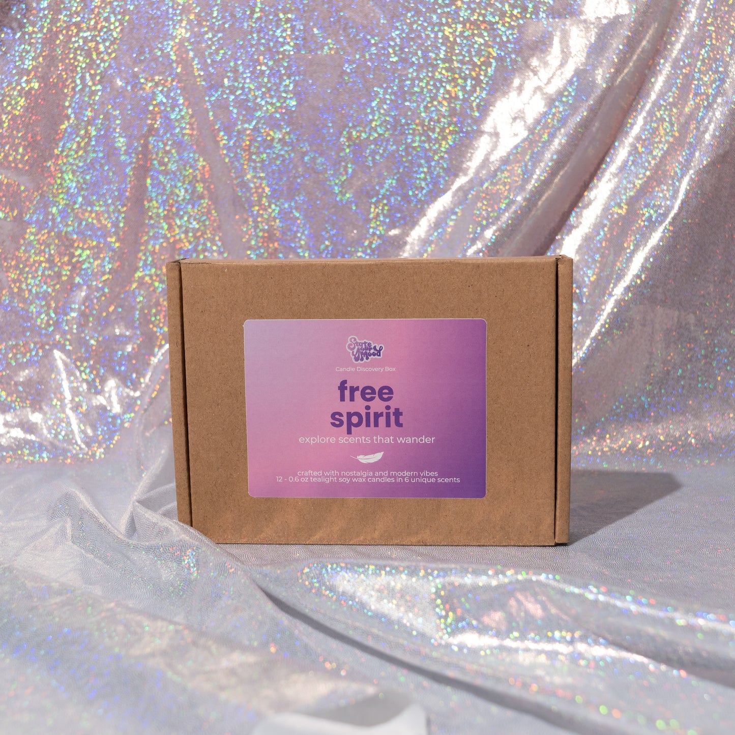 free spirit candle box featuring 12 soy tealights in earthy and herbal-inspired scents